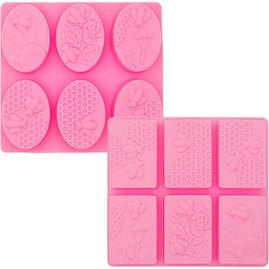 2 Pcs Honeycomb Soap Molds Bee Honey Silicone Molds Cake Molds Beehive Chocolate Mold Set for Home Handmade DIY Candle Baking Tray Bars Wax Melts Beeswax Tool (Pink, 2 Shapes) (Ellipse and Rectangle)