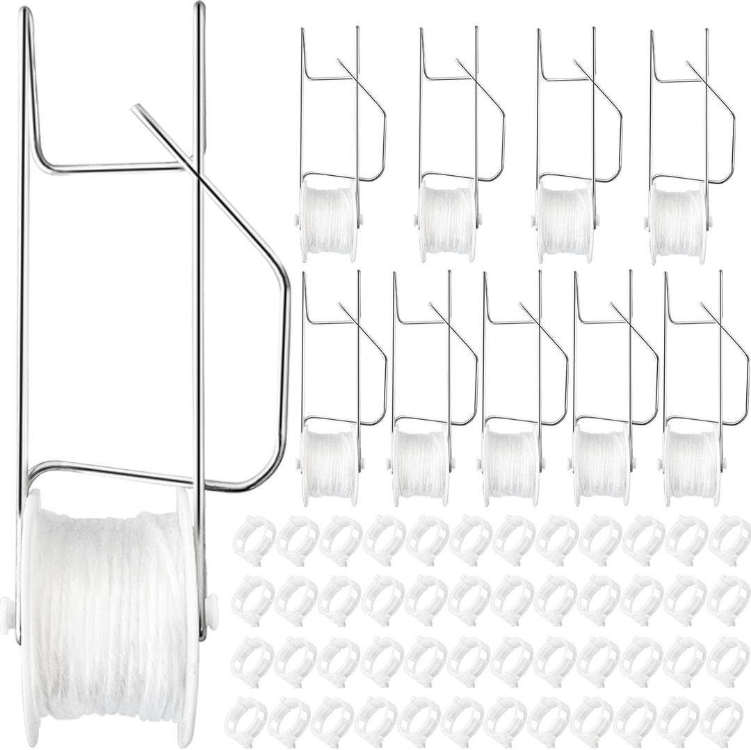 Greenhouse Trellising Kit, 10 PCS Tomato Hooks with String & 100 PCS Support Clips, Metal & Nylon, White, Linear Plant Support, Tomato Trellis