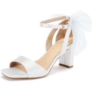 Coutgo Women's Bow Tie Heeled Sandals Chunky Heels One Strap Satin Ankle Buckle Dress Wedding Shoes (8.5, White)