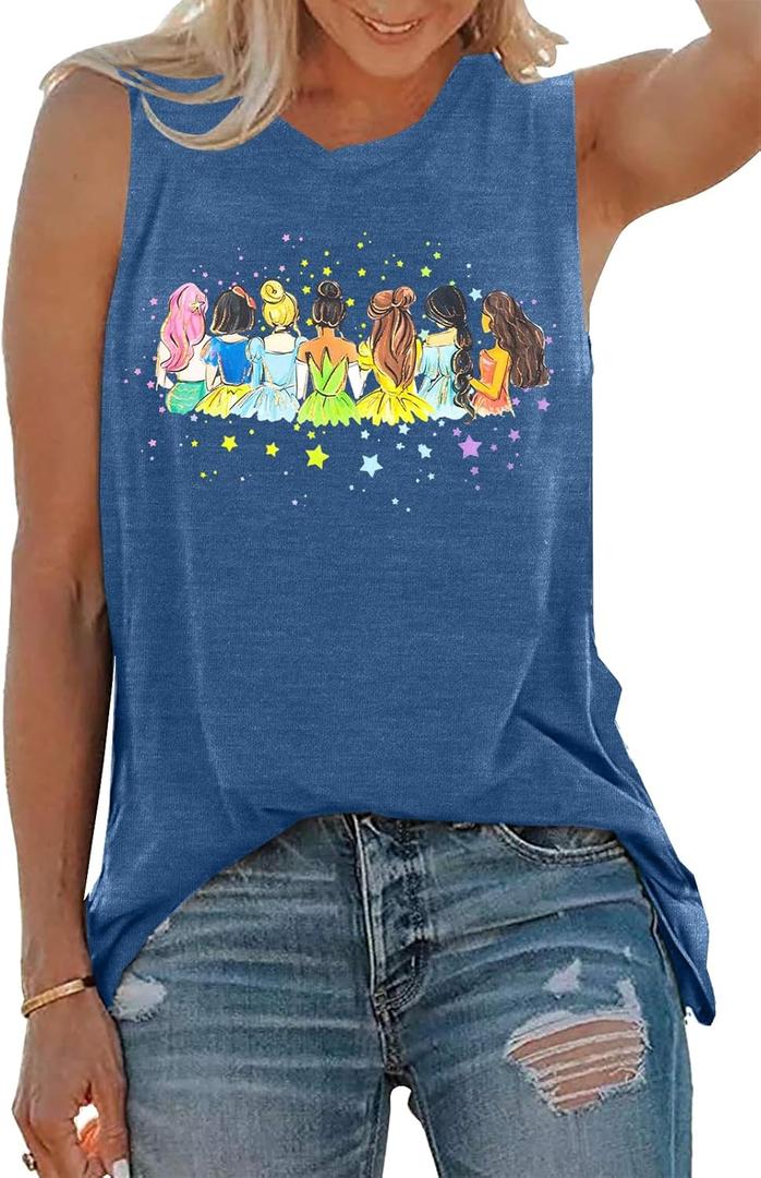 Magical Tank Tops Women: Magic Princess Shirt Cute Magic Kingdom T-shirt Family Vacation Trip Sleeveless Tanks Tops (X-Large, Blue)