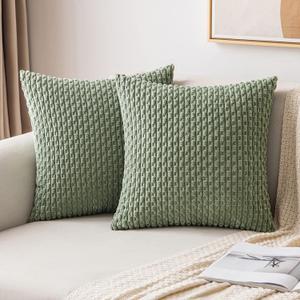 MIULEE Throw Pillow Covers Soft Corduroy Decorative Set of 2 Boho Striped Pillow Covers Pillowcases Farmhouse Home Decor for Couch Bed Sofa Living Room Spring 20x20 Inch Sage Green