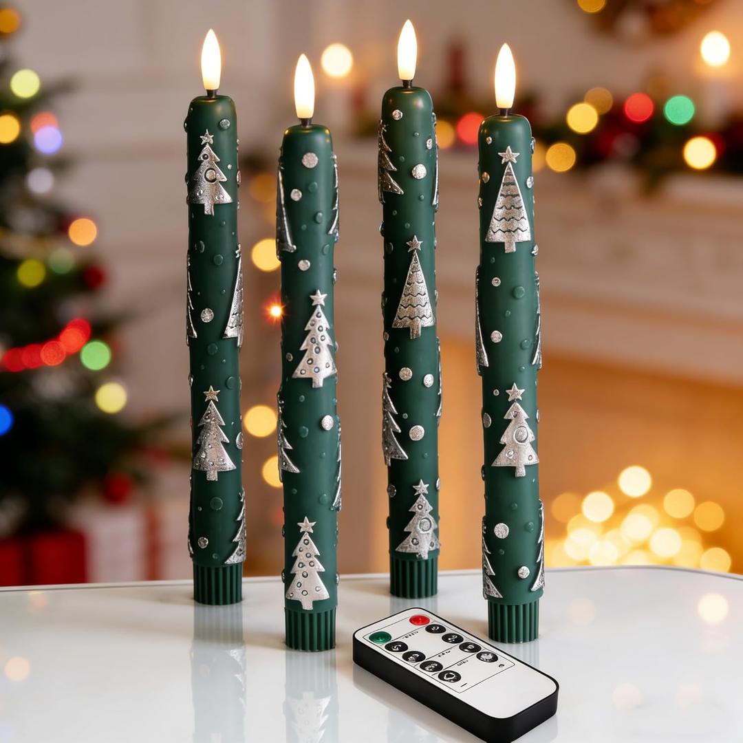 Eywamage Green Christmas Tree Flameless Taper Candles with Remote, Flickering LED Wax Candlesticks Set of 4