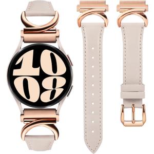Minyee Leather Band Compatible with Samsung Galaxy Watch 7/6/5/4/FE/Active 2 40mm 44mm/Watch 6 Classic 43mm 47mm/Watch 5 Pro 45mm Bands, 20mm Slim Dressy Leather Strap with C-Shape Metal Buckle Women (Starlight/Rose Gold)