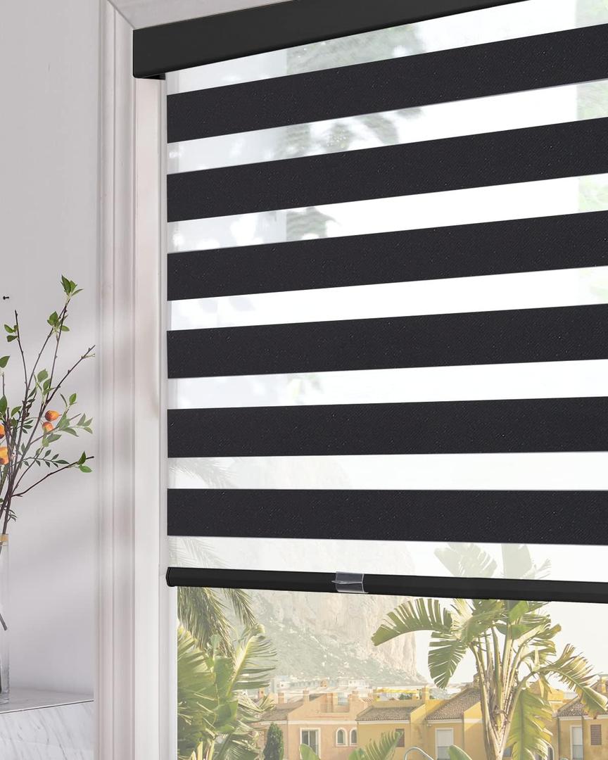 Persilux Cordless Zebra Blinds for Windows (34" W x 64" H, Black) with Upgraded Cassette Room Darkening Dual Layers Sheer Shades Thermal Insulated Window Roller Blinds for Home