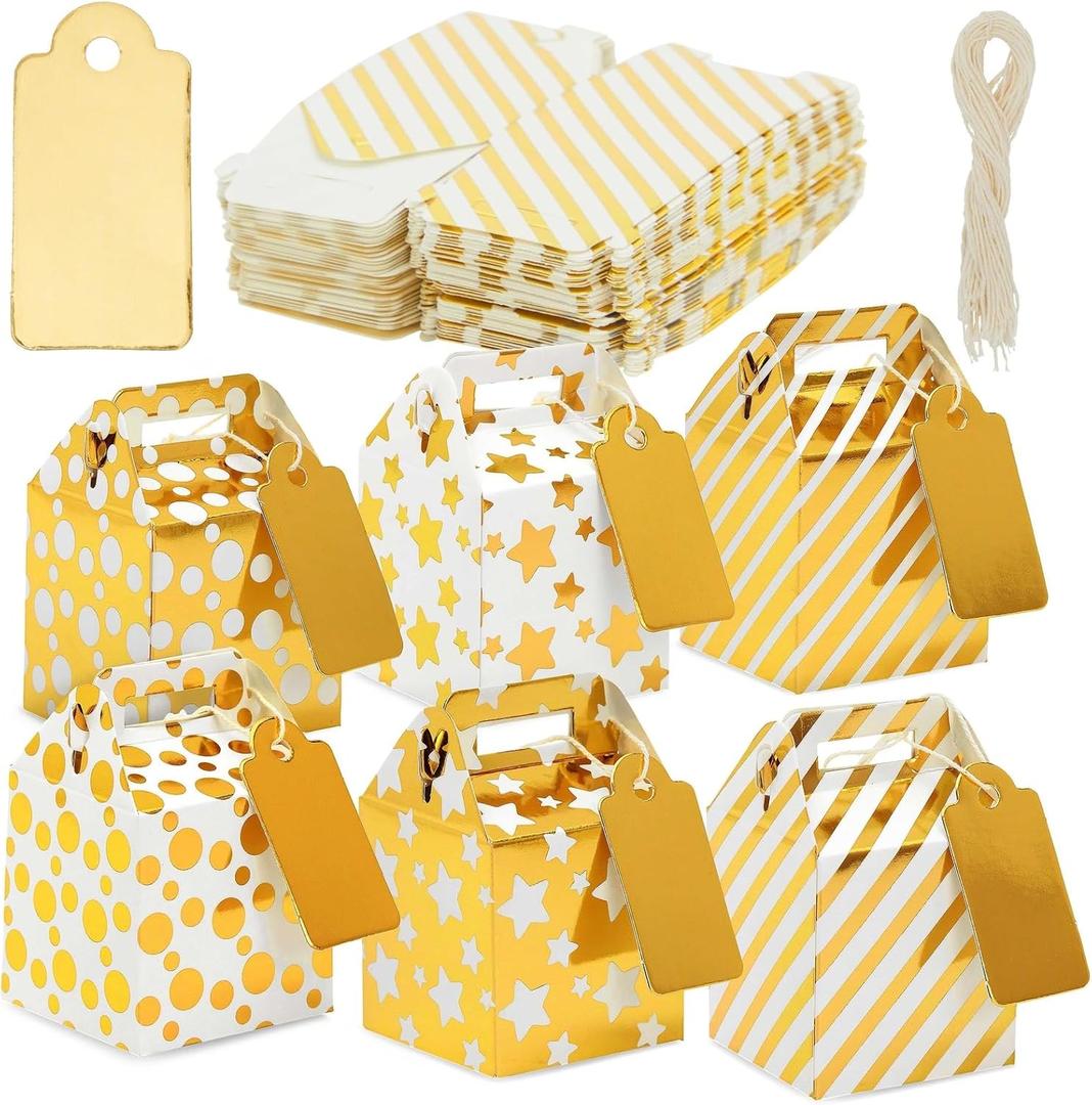 Juvale Party Favor Boxes - 36 Mini Gold 2 x 2 x 2 in With Tags & Strings - 3 Patterns Polka Dot, Stars & Stripes - Paper Packaging for Wedding & Birthday Truffles