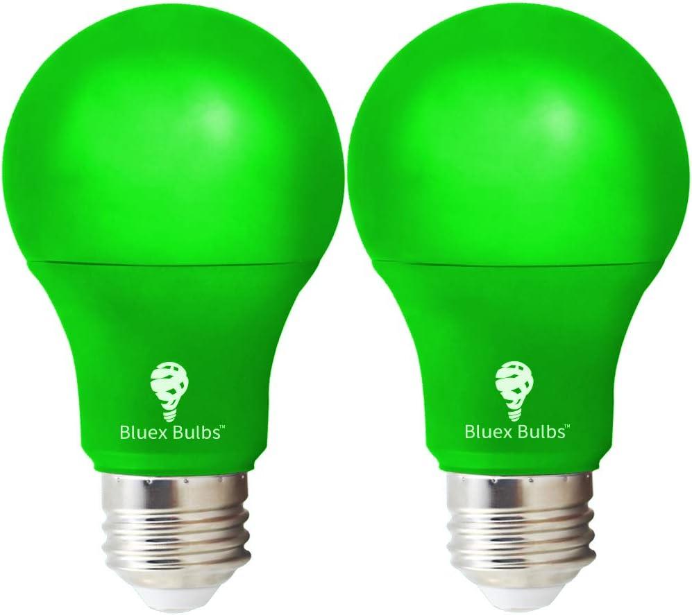 Bluex Bulbs 2 Pack BlueX LED A19 Green Light Bulb - 9W (60Watt Equivalent) - E26 Base LED Lights, Party Decoration, Porch, Home Lighting, Holiday Lighting, Decorative Illumination Bulb