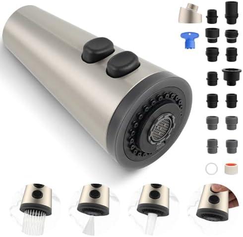 Hibbent Pull Down Faucet Head Replacement, 4-Function Kitchen Sink Spray Nozzle Replacement with 15 Adapters, Compatible with Moen, American Standard, Delta, Kohler Faucets, Brushed Nickel