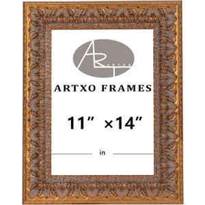 ArtXO 11"x14" Picture Frame Wooden, Display Pictures 8"x10" with Mat or 11"x14" Without Mat,Gold Ornate Frame Poster Frames,Hanging Photo Frame Wall