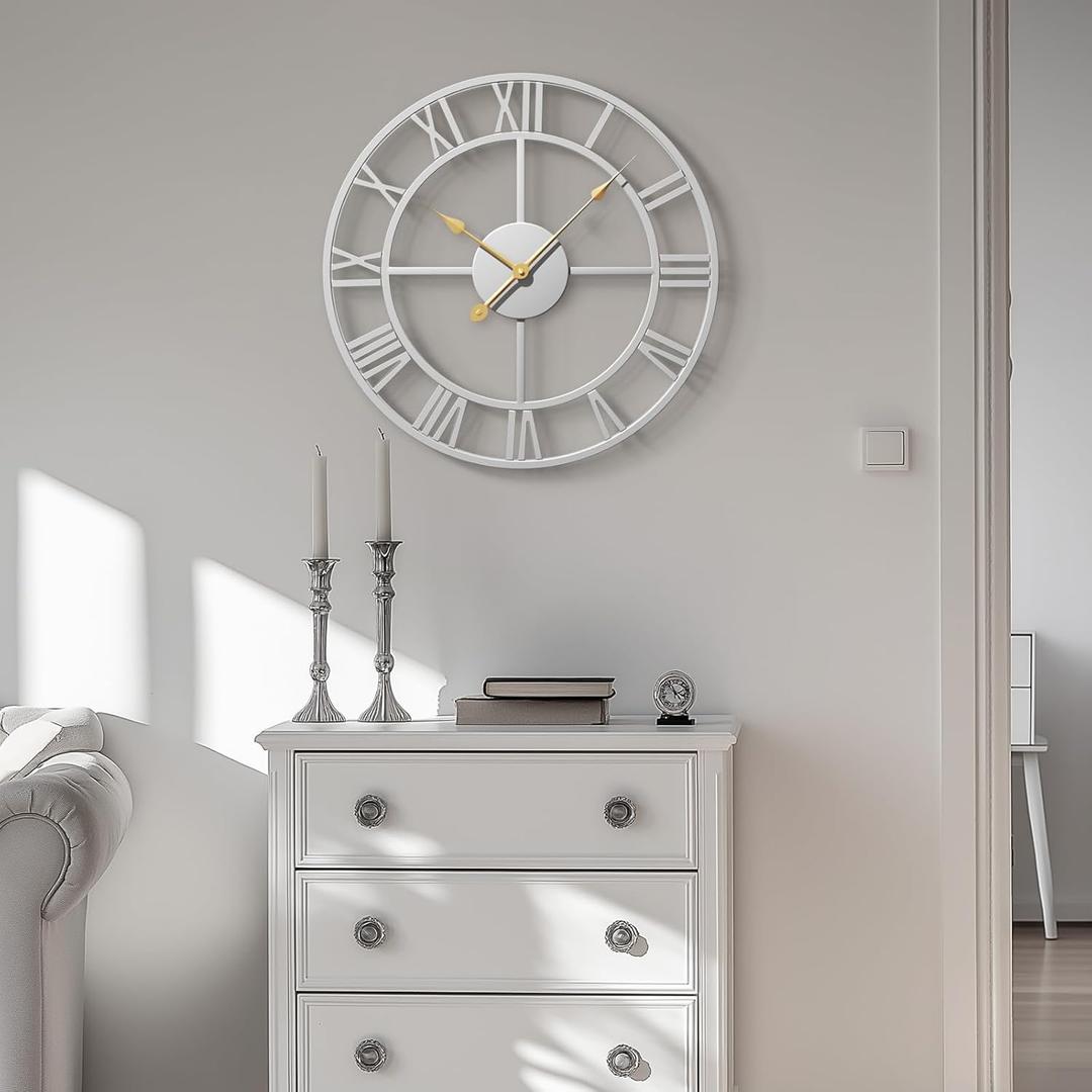 Modern Large Wall Clock, 16 inch Silver Decorative Metal Clock Silent Non Ticking, Roman Numeral Analog Battery-Operated Round Clock for Living Room, Kitchen, Bedroom, Office, Home Decor