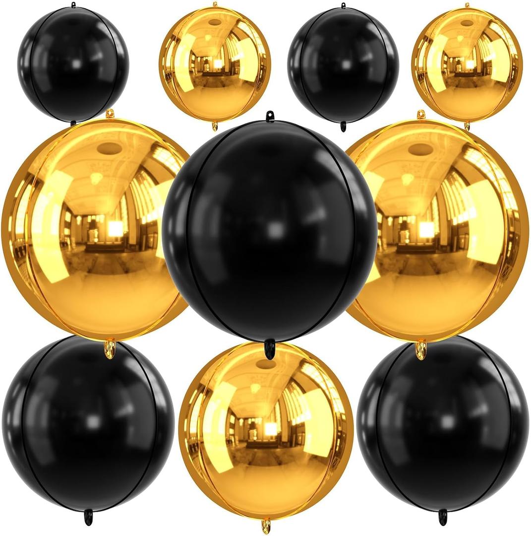 Gold and Black Round Foil Balloons, 22" 18" 15" 4D Helium Balloon, Metallic Gold Black Foil Baloon for Graduation Birthday Wedding New Year 2026 Game Theme Party Decorations