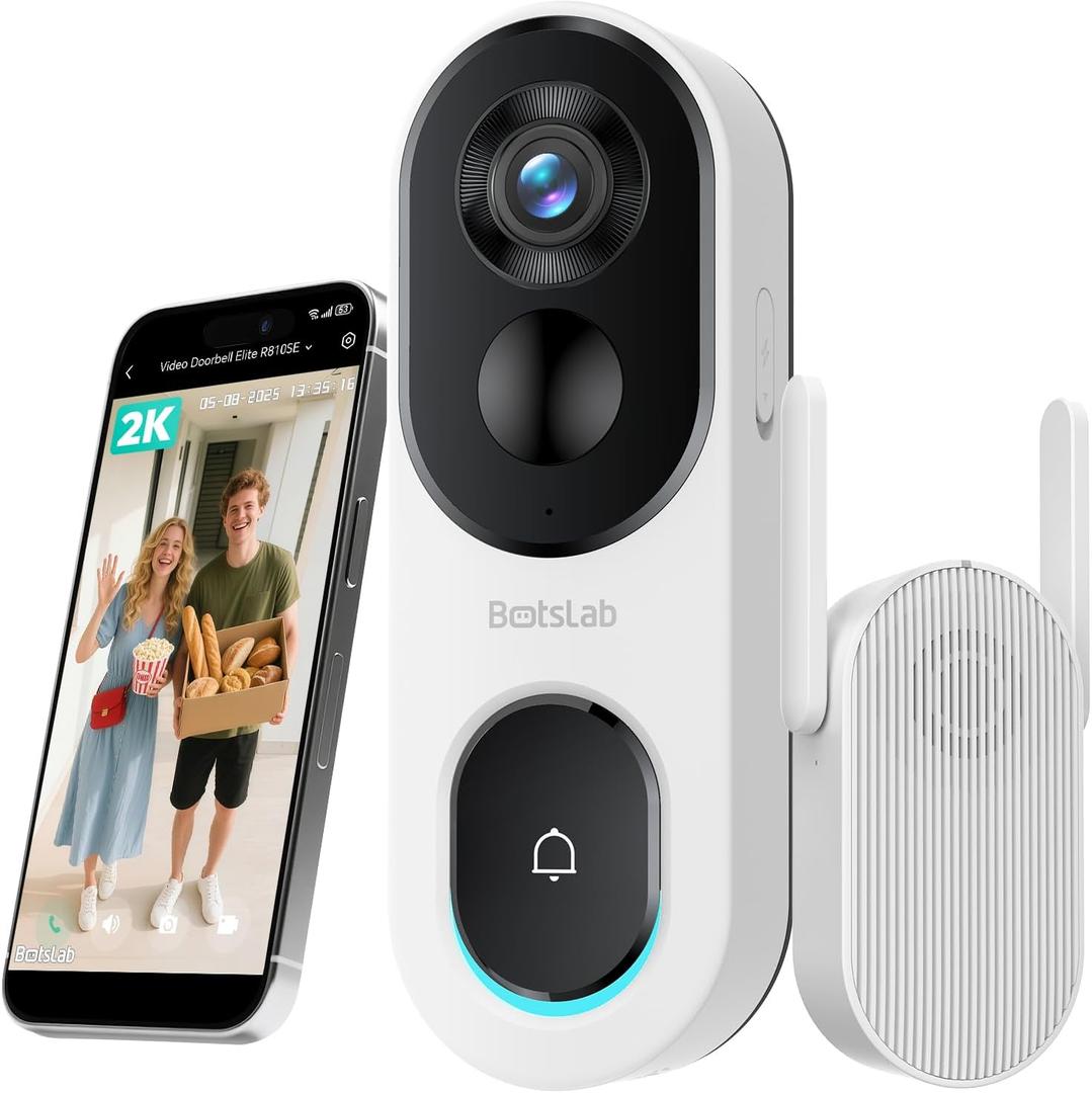 BOTSLAB 2K Doorbell Camera Wireless with Head-to-Toe View, No Monthly Fee, Video Doorbell with 2-Way Audio, Human Detection, 5200mAh Battery, 2.4Ghz WiFi (White)