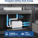 Utility Sink Pump, 1600 GPH Drain System 500 W Under-Basin Gray Water Unit for Laundry & Kitchen, 23 FT Lift Sink Pump with Check Valve & Odor Filter