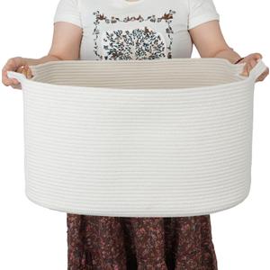 Large Rectangle Blankets Basket Living Room 22"x17"x12" Woven Cotton Rope Storage Baskets for Nursery Toy Baskets for Kids and Dogs Wicker Laundry Basket Bin for Clothes Towels white