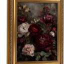 Vintage Gold Framed Floral Wall Art Dark Moody Flower Botonical Canvas Painting Picture Wall Decor Retro Rustic Peony Flowers Still Life Victorian Poster Print Artwork for Living Room Bedroom Home (11"L x 9"W)