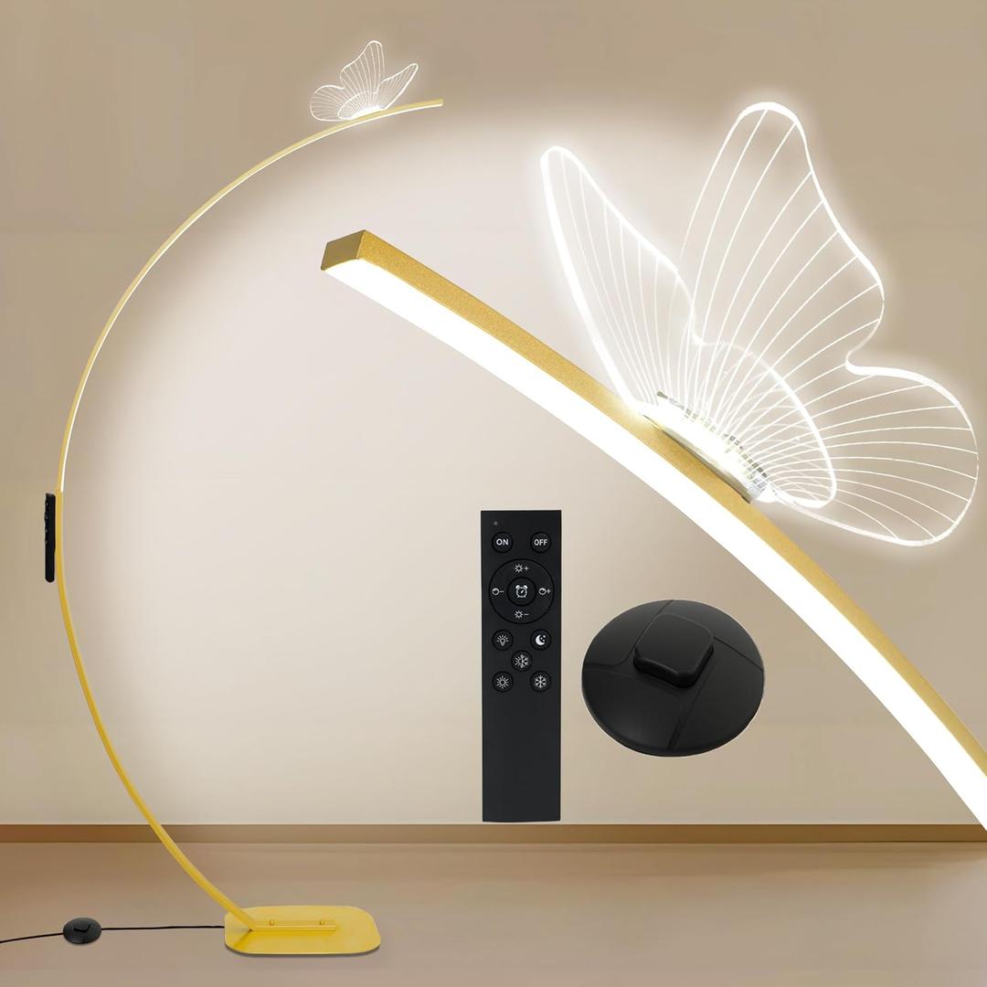 Modern Butterfly Arc Floor Lamp - Dimmable 2000 Lumens Arched Floor Lamp with Remote Control, 3 Color Modes & Foot Switch, Elegant Arc Floor Lamps for Living Room, Bedroom, Office Decor (Gold)