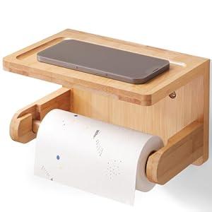 VERTORGAN Toilet Paper Holder with Phone Shelf, Bamboo Wall Mounted Tissue Roll Holder for Bathroom, Adhesive or Screw (Natural)