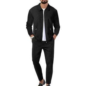 Men's Waffle Tracksuit 2 Pieces Set Casual Long Sleeve Zip Up Sweatsuits Solid Athletic Jogging Suit Sets (Black, S)