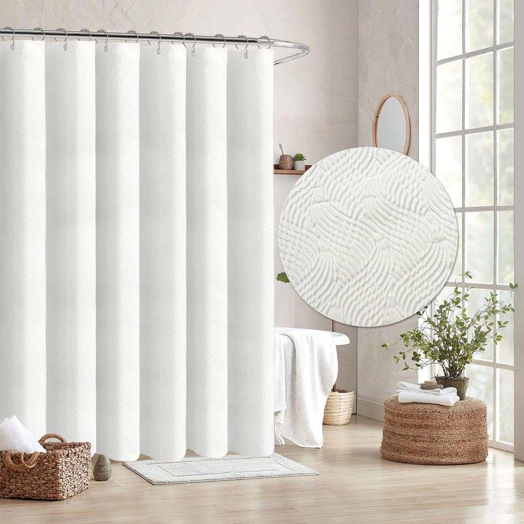 Tititex White 3D Embossed Wave Textured Fabric Shower Curtain for Bathroom,Modern Farmhouse Soft Cloth Shower Curtain Set - 72x72