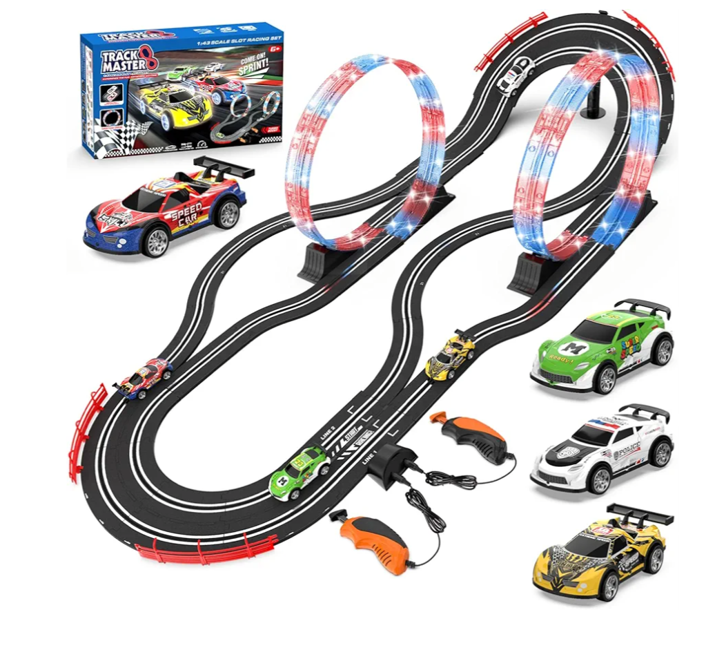 2-in-1 Slot Car Race Track Set with 4 High-Speed Cars, Electric Track, Dual Racing Game with 2 Controllers, Circular Overpass Design Featuring Flash Tracks. Toy Gift for Boys Kids Ages 4-6 6-8 8-12, 19.7 FT