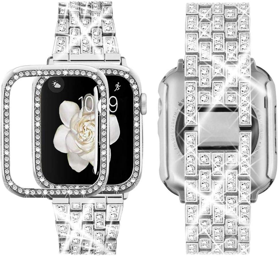 Supoix Compatible with Apple Watch Band 38mm 40mm 41mm 42mm 44mm 45mm 46mm 49mm+ Case, Women Jewelry Bling Diamond Rhinestone Replacement Metal Bands & 2 Pack PC Protector Case for iWatch Ultra 2/ Ultra Series 10/9/8/7/6/5/4/3/2/1/SE (46mm (Series 10), Silver)