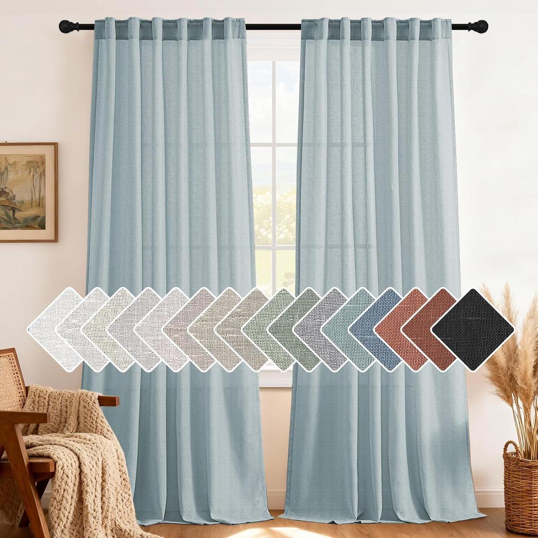 H.VERSAILTEX Natural Linen Curtains 108 inches Long for Living Room 2 Panels Back Tab Loop Pocket Textured Light Filtering Semi Sheer Curtains Rustic Farmhouse Boho Curtain for Bedroom, Cloud Blue