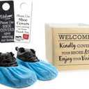 Premium Linen Look Foldable Shoe Cover Bin, Indoor Real Estate Bootie Box, Open House Supply w/ 10 Pair Shoe Covers and Please Use Shoe Covers Double Sided Door Hanger; Linen Bin w/10 Pair Shoe Covers