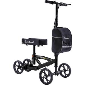 BlessReach Steerable Knee Walker Deluxe Medical Scooter for Foot Injuries Compact Crutches, with Dual Rear on-Wheel Brake and Shock Absorption Under The Knee pad, Black