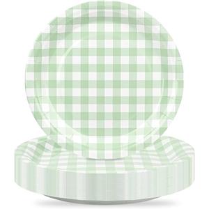 48Pcs Gingham Party Supplies Sage Green Paper Plates 9 inches Disposable Plaid Decorative Dinner Dessert Serving Plates for Baby Shower Wedding Birthday Party