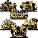 Leinuosen 6 Pieces Black Happy Birthday Table Centerpiece Wooden Sign Table Topper Birthday Decoration Booth Props Party Supplies, 6 Designs(Gold)