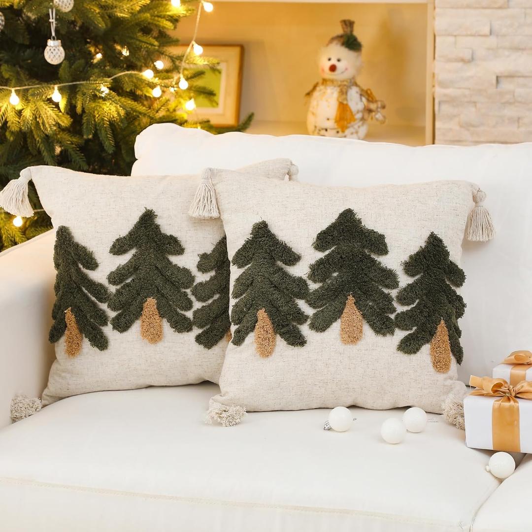 Mixweer 2 Pack Green Tufted Christmas Tree Pillow Covers 18 x 18 Inch Farmhouse Winter Throw Pillowcases with Tassels Green Tree Decorative Cushion Covers for Sofa Couch Holiday Party Home Decor