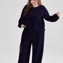 Womens 2 Piece Outfits Sweatsuit Plus Size Oversized Fall Long Sleeve Crewneck Lounge Sets Wide Leg Pants Tracksuit (L)