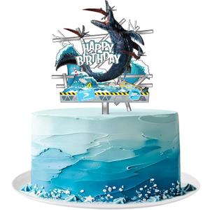 Mosasaurus Dinosaur Acrylic Cake Topper with Happy Birthday Sign Cool Dinosaur Cake Decoration for Mosasaurus Dinosaur Theme Birthday Party Supplies