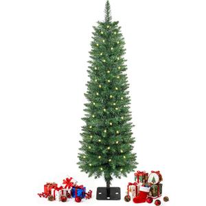 QBA 4FT Prelit Pencil Christmas Tree, Skinny Artificial Christmas Tree with 200 Warm White Lights, 190 PVC Branches Tips, Sturdy Metal Stand, for Home Office Party Decoration, Green (7in)