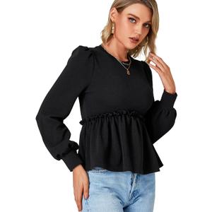 LYANER Women's Crewneck Long Sleeve Peplum Frill Solid Tee Shirt Blouse Top Black Small