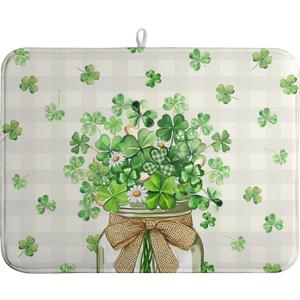 St Patricks Day Shamrock Dish Drying Mat Green Spring Kitchen Dishes Drying Pad Absorbent Dish Dryer Mats for Kitchen Countertops Microfiber Washable Large18x24 in