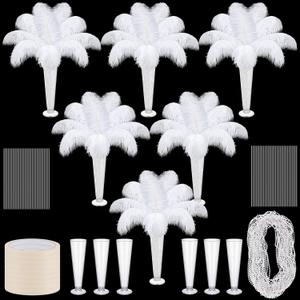 Yuxung 6 Sets Wedding Table Centerpiece Accessories Including 159 Pieces Natural Ostrich Feather Bulk Plastic Vases and Beads Necklaces for Wedding Home Party Centerpiece Supplies(White)
