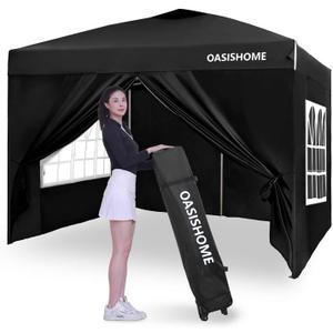 OASISHOME Pop-up Gazebo Instant Portable Canopy Tent 10'x10', with 4 Sidewalls, Windows, Wheeled Bag, for Patio/Outdoor/Wedding Parties and Events (10FTx10FT, Black)
