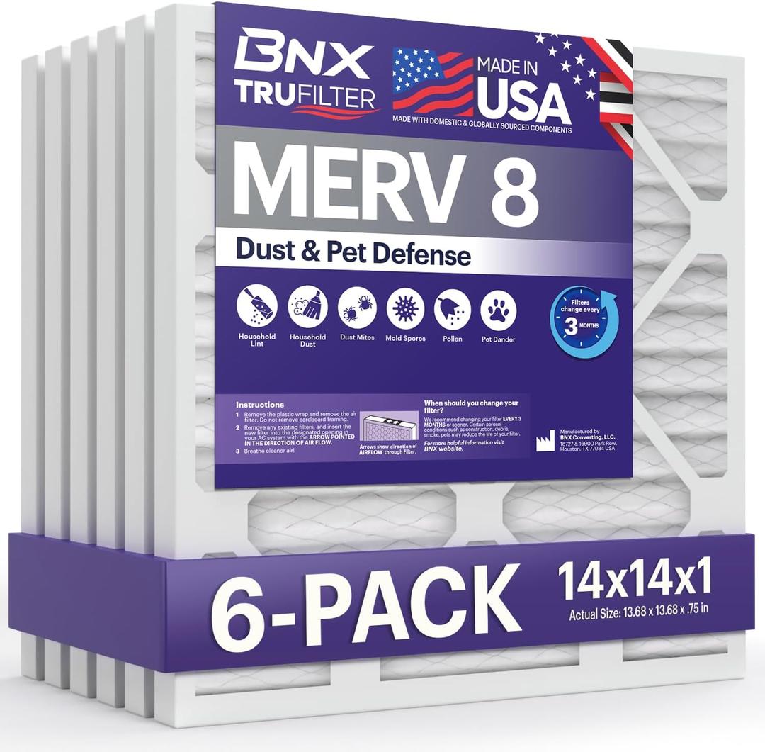 BNX TruFilter 14x14x1 Air Filter MERV 8 (6-Pack) - MADE IN USA  Dust & Pet Defense Pleated Air Conditioner HVAC AC Furnace Filters for Dust, Pet, Mold, Pollen MPR 600  700 & FPR 5