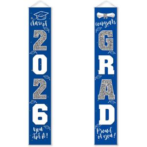 Graduation Decorations Class of 2026 | Congrats Grad Banner - Porch Sign Blue Silver | Grad Party Decorations Graduates Party Supplies