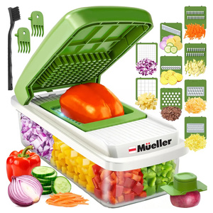 Mueller Vegetable Chopper 9 Blade, Mandoline Slicer, Food Veggie Chopper, Cheese Grater, Onion Vegetable Cutter with Container, Dicer, Kitchen Gadgets & Essentials, White Sand/Green