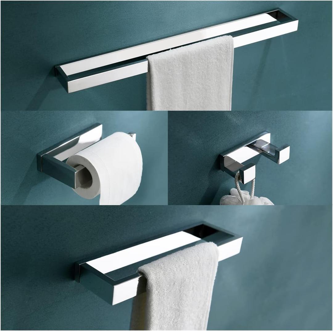 4-Pieces Bathroom Hardware Set, Polished Chrome Towel Bar Set, Wall Mounted Stainless Steel Bathroom Hardware Accessories Set, 23.6 inch