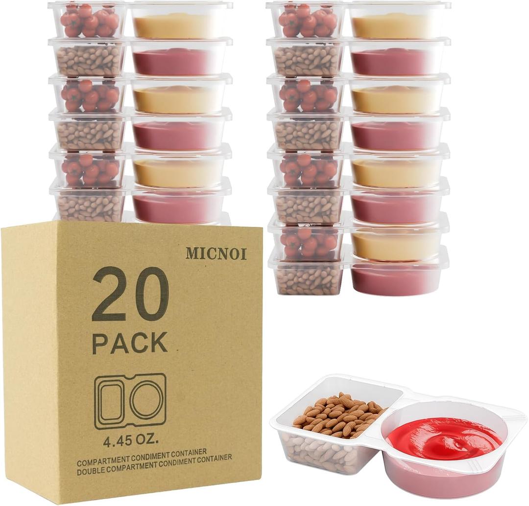20 Pack Snack Containers, Reusable 2 Compartment Condiment Containers with Lids, Ideal for On-the-Go Mini Sauce Boxes & Lunchable Snack Packs for Kids and Adults, BPA-Free 