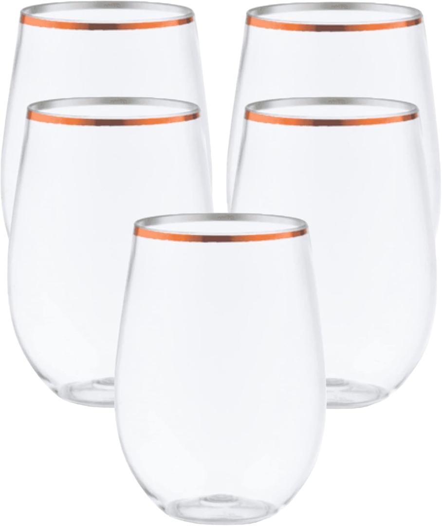 48 piece Stemless Unbreakable Crystal Clear Plastic Wine Glasses Set of 48 (10 Ounce - Rose Gold Rim)