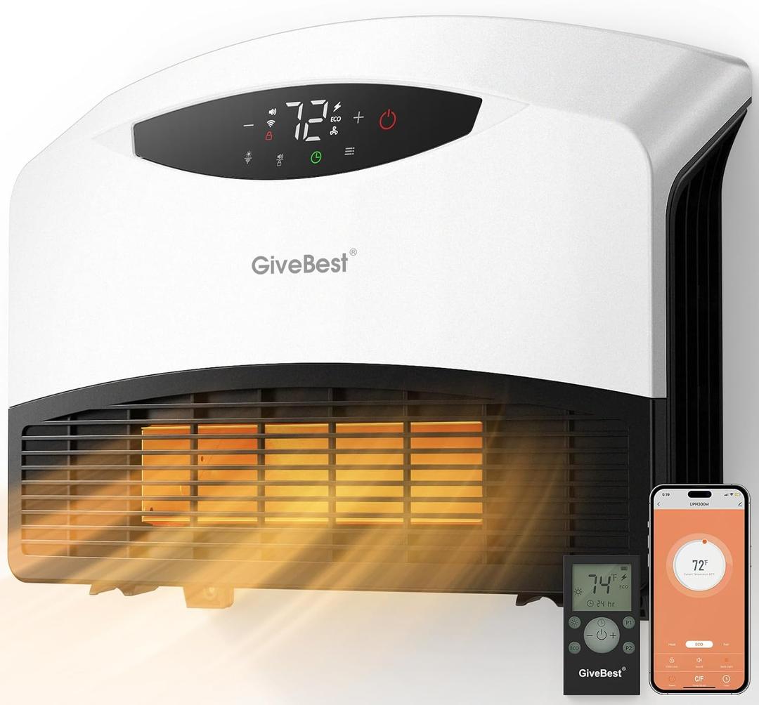 GiveBest Electric Wall Heater with WiFi and Remote Control, Floor or Wall Mounted Heater, Large Room Coverage, 3 Heating Modes, 1500W Fast Heating Space with Thermostat for Indoor Room Use (Standard Plug, White)