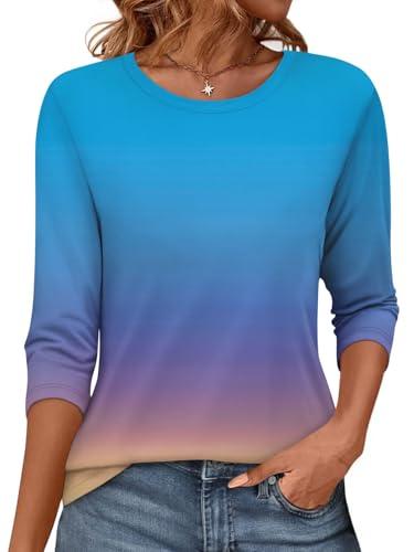 Womens 3/4 Sleeve Tops Crewneck Summer Solid Casual Tee Shirts Floral Printed Blouse Loose Dressy Tunic Gradient Blue Purple L