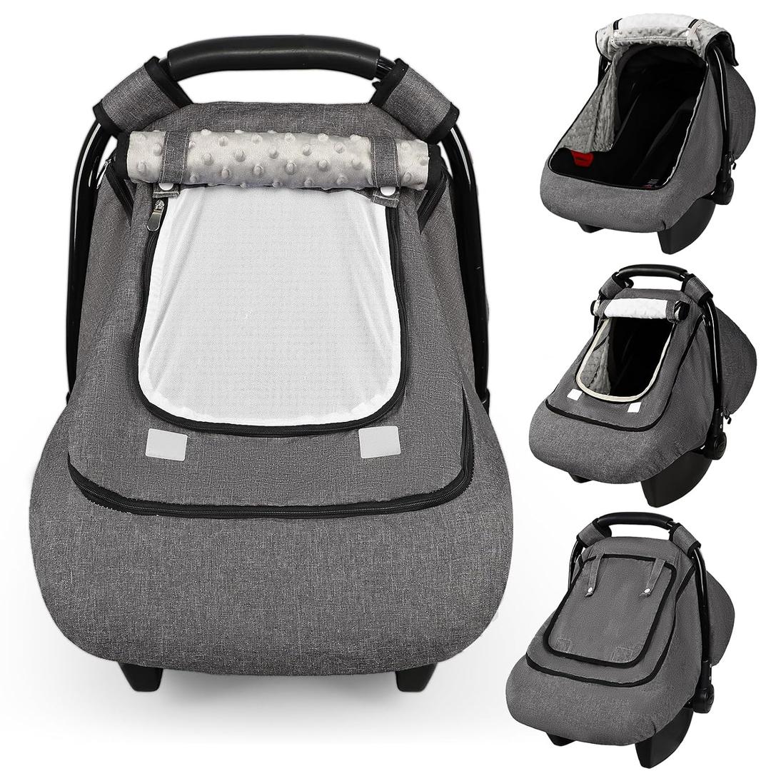 GFU Winter Baby Car Seat Cover Waterproof, Windproof Car Seat Covers for Newborns with Double-Layer Window, Infant Car Seat Canopy for Girls with Minky Dot Backing, Keeps Babies Warm and Cozy, Black