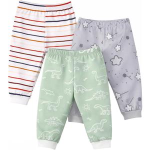 Baby Jogger Pants with Elastic Cuffs Stay-On Lightweight Toddler Joggers, Soft & Stretchy Baby Pants, 3-Pack (6-12 Months, Galaxy dino stripes)