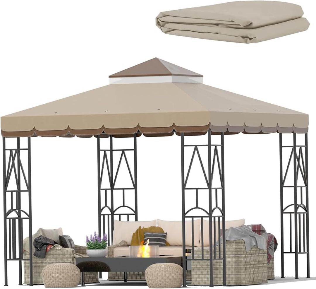 10x10 Canopy Replacement Top Double Tiered Gazebo Cover for Yard, Patio & Garden Durable Sunshade Replacement (Coffee Liqueur+Brown with lace)
