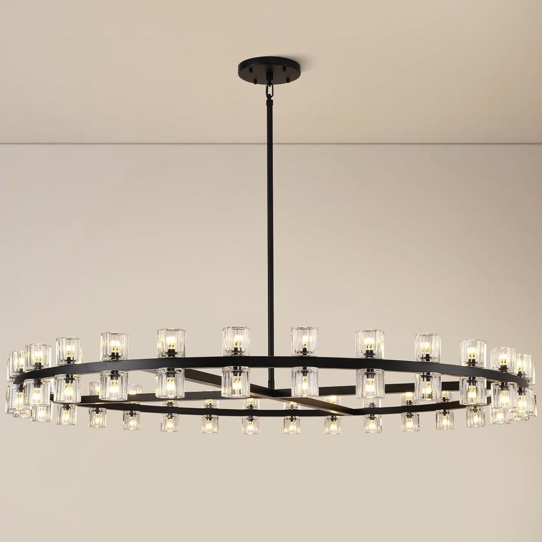 Knurldon Modern 60 inch Black Round Chandelier, Extra Large Chandeliers Crystal Chandeliers for Living Room, Large Wagon Wheel Chandelier for Foyer, Staircase, Entrance,Includes Bulb