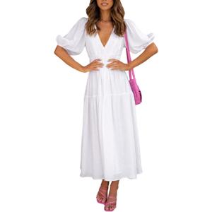 Woolicity Womens Summer Maxi Dress Wrap V Neck Short Sleeve Beach Flowy Long Dresses (White, Medium)
